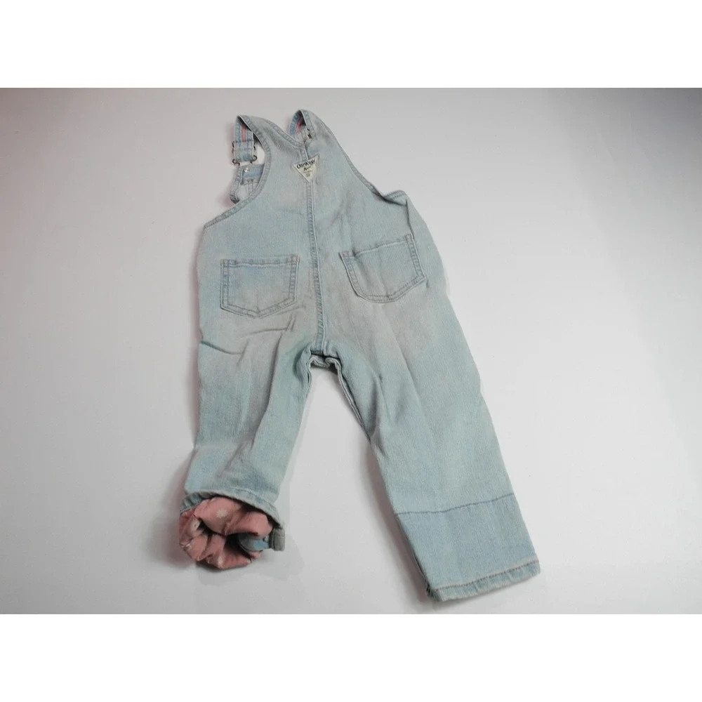 OshKosh B'gosh Overalls Girls 24M Denim Jean Lined Pink Floral Cuffed Vintage